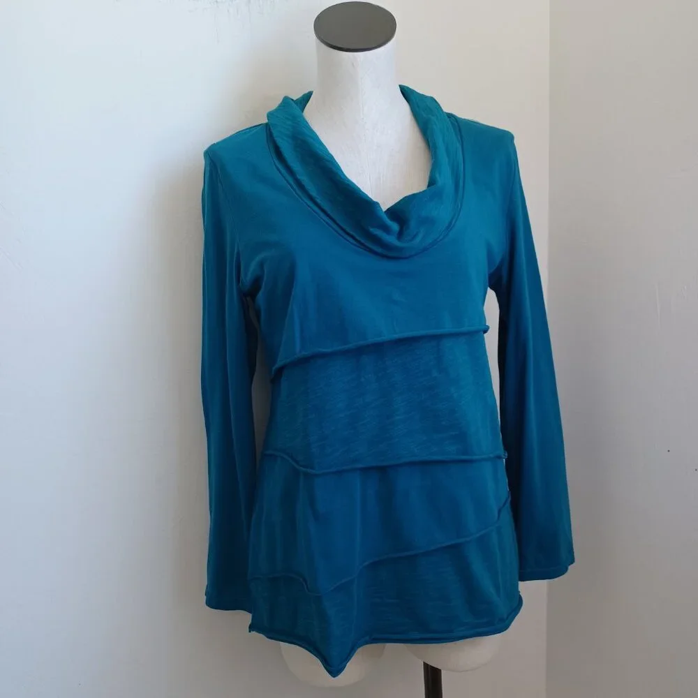 Soft Surroundings Womens‎ Teal Blue Cowl Neck Tiered Long Sleeve Top Size S